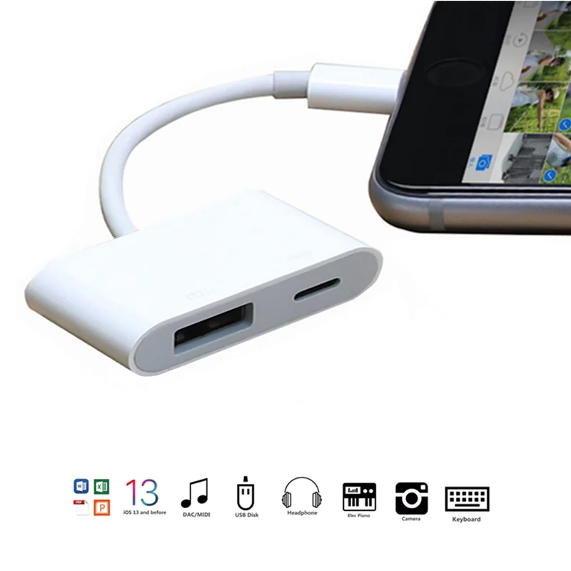 Адаптер Lightning/USB для камеры, обновленный OTG кабель с зарядным портом, совместим с iPhone/iPad, для usb-устройств