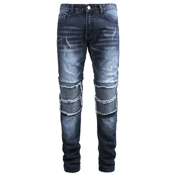 

2019 men's new winter jeans straight loose jeans youth tide hole fold locomotive pants