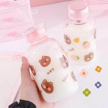 

New 450ML Kawaii Strawberry Bear Glass Water Bottle With Straw Cute Cartoon Double Cover Clear Drinking Water Bottles For Girls