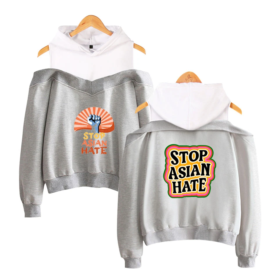 Stop Asian Hate Women Hoodies Sweatshirts Cosplay Harajuku Sexy Off Shoulder Pullover Hooded Jacket Female Tracksuit