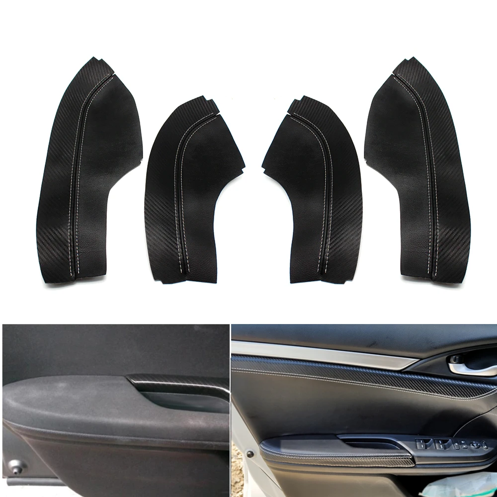 

Black with Carbon Texture Microfiber Leather 4pcs Door Handle Panel + Door Armrest Cover Trim For Honda Civic 10th Gen 2016 2017