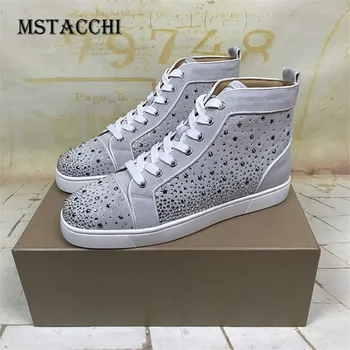 

MStacchi Cow Suede Mens Vulcanized Shoes Fashion Solid Color Rhinestone Round Toe Cross-tied High-Top Non-Slip Male Casual Shoes