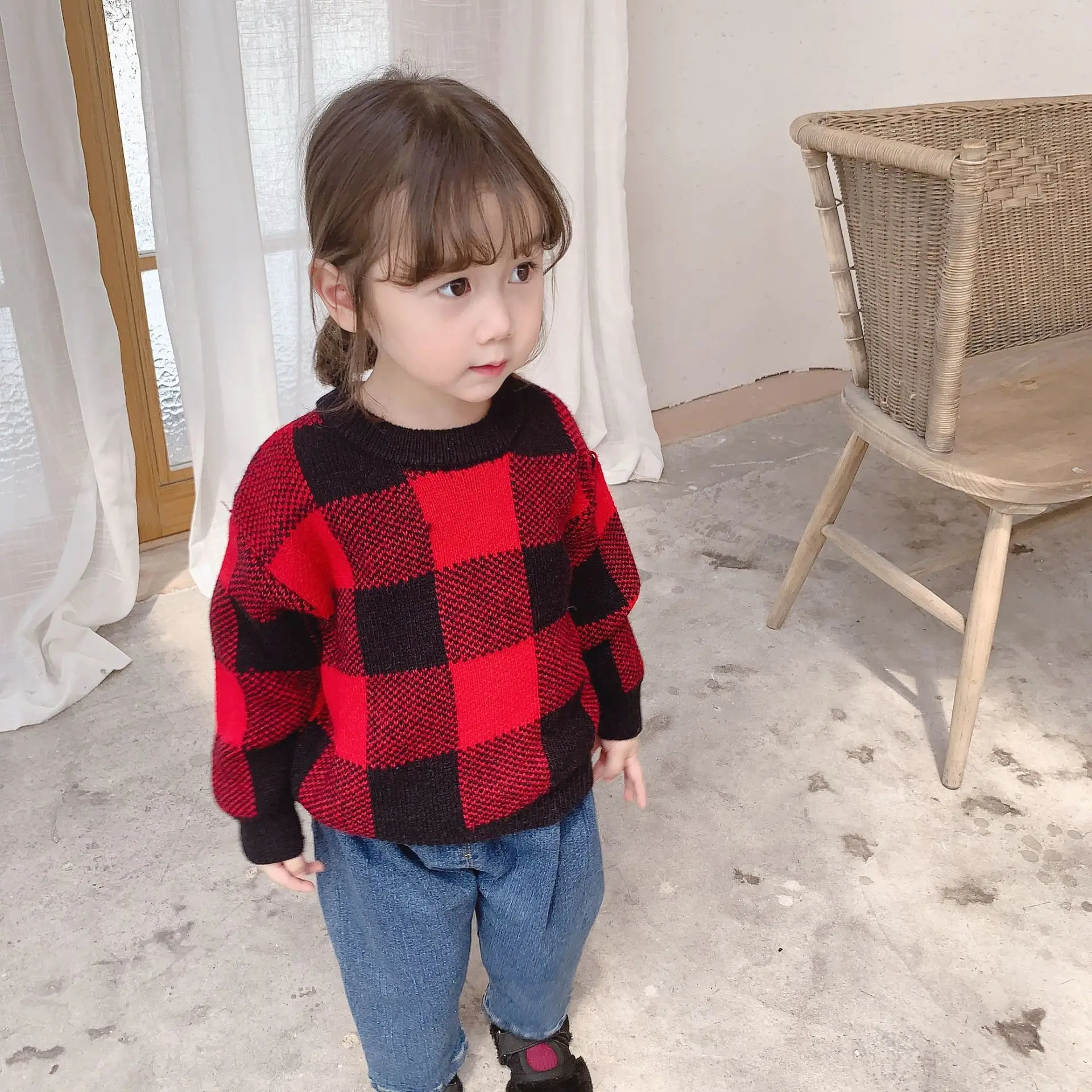 

Baby Girls Sweaters Plaid Red Color Boys Sweaters Autumn New Knitted Baby Girls Ribbed Sweater Kids Clothing Girls