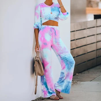 

Autumn Women Two Pieces Sets Tie Dye Gradient Lady Long Sleeve Crop Top + Full Pants Lace Up Sets Female Shining Streetwear
