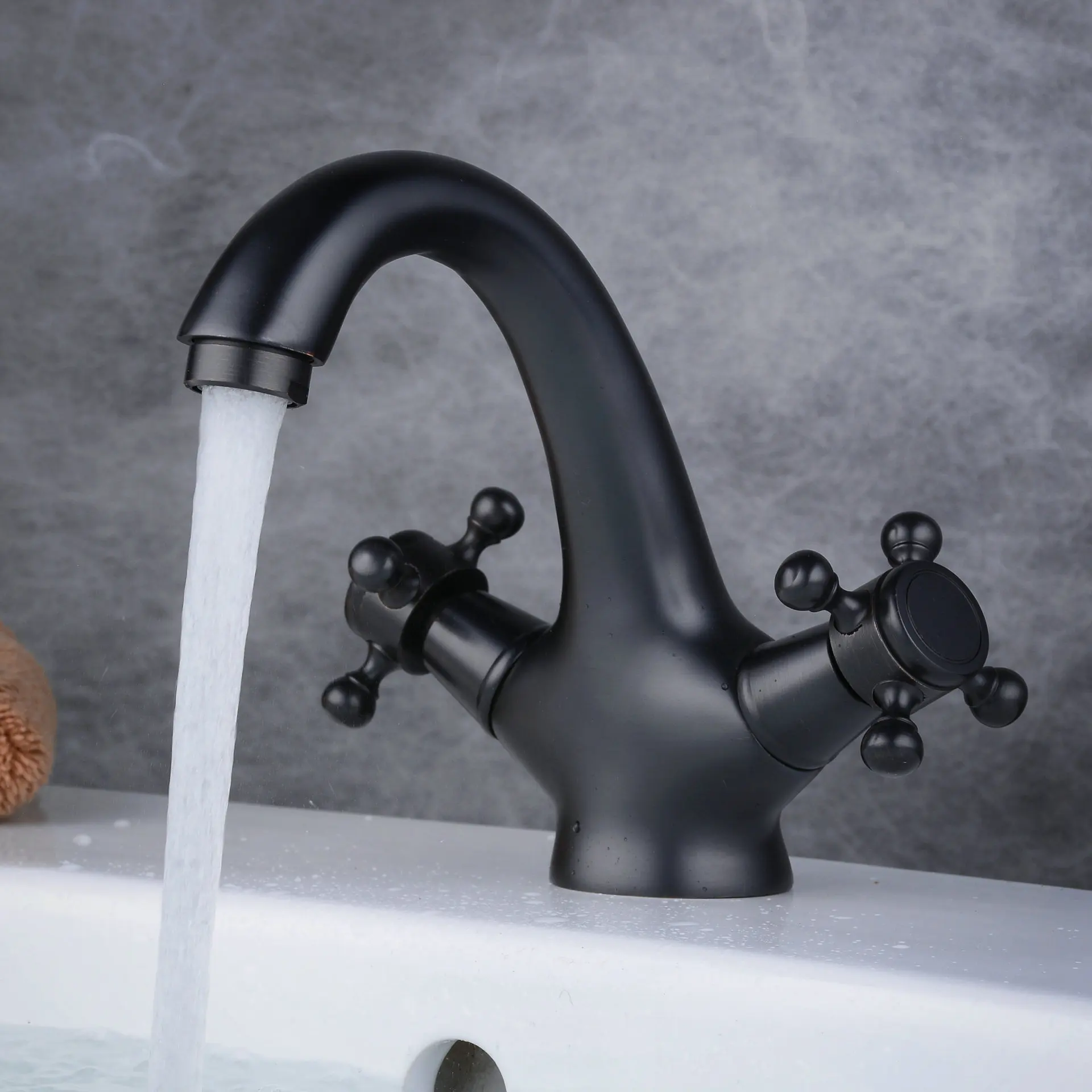 

Copper Black And White with Pattern Handwheel Single Bore Double Tap Bella Bathroom Hardware Bathroom Basin Hot And Cold Faucet