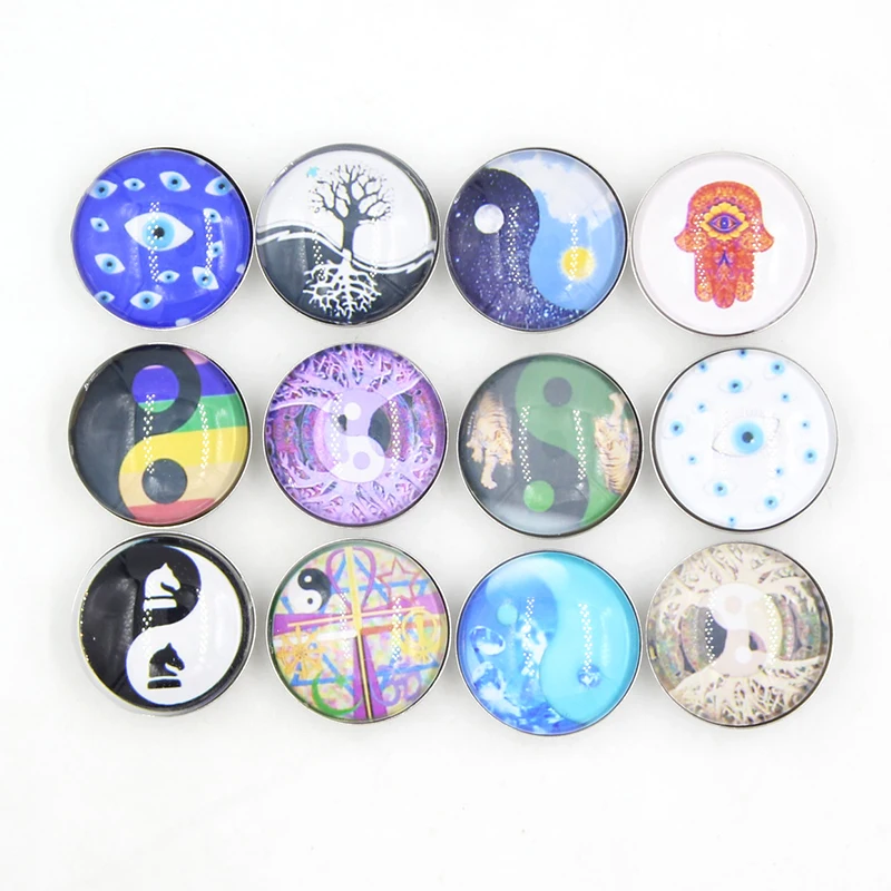

24pcs New Arrival Cabochon Glass Snaps Jewelry Faith Eyes Hands Ying Yang Button for 18mm Snap Bracelet Snap Earrings Jewelry