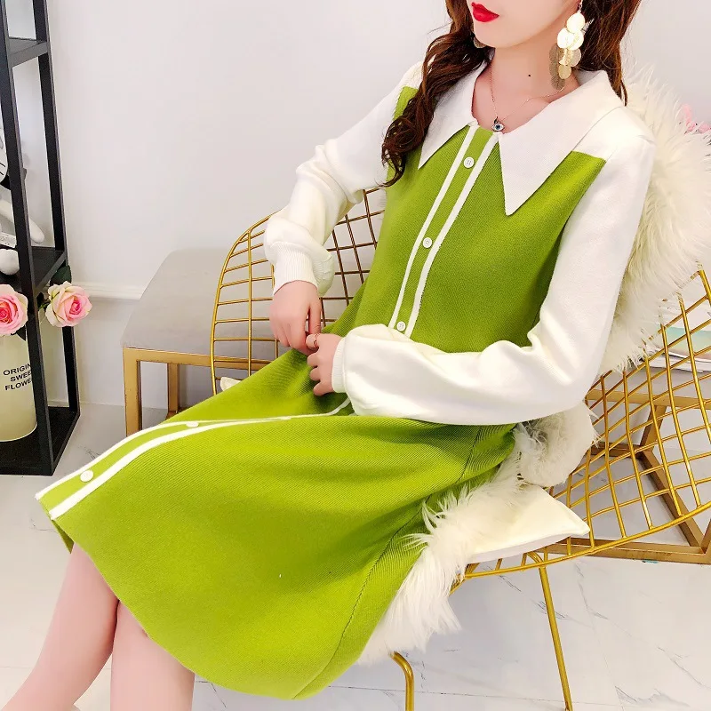 

2019 Autumn New Style Avocado Green Dress Women's Mid-length Poio Collar Non-mainstream French Sweet Slimming Knitted Dress