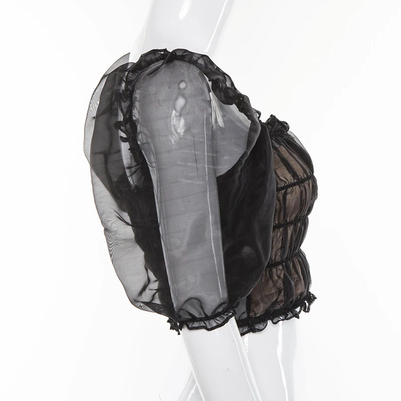 Women Crop Tops Black 2019 Summer Sexy Mesh See Through Sheer Tank Ruched Croptop Ruffles Puff Sleeve Tops (7)