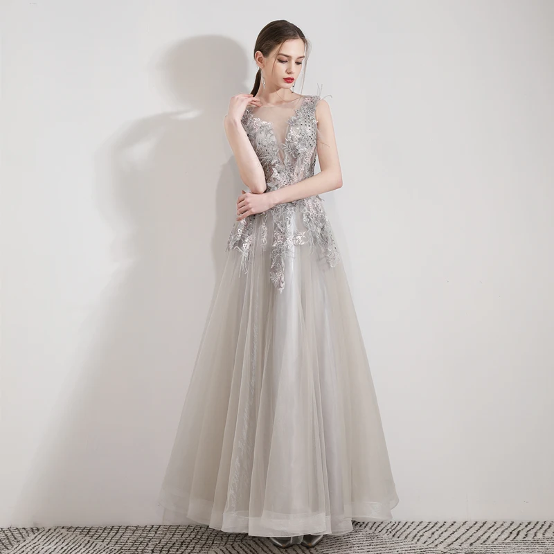 SSYFashion новая Банкетная элегантный серый вечернее платье с кружевом и вышивкой