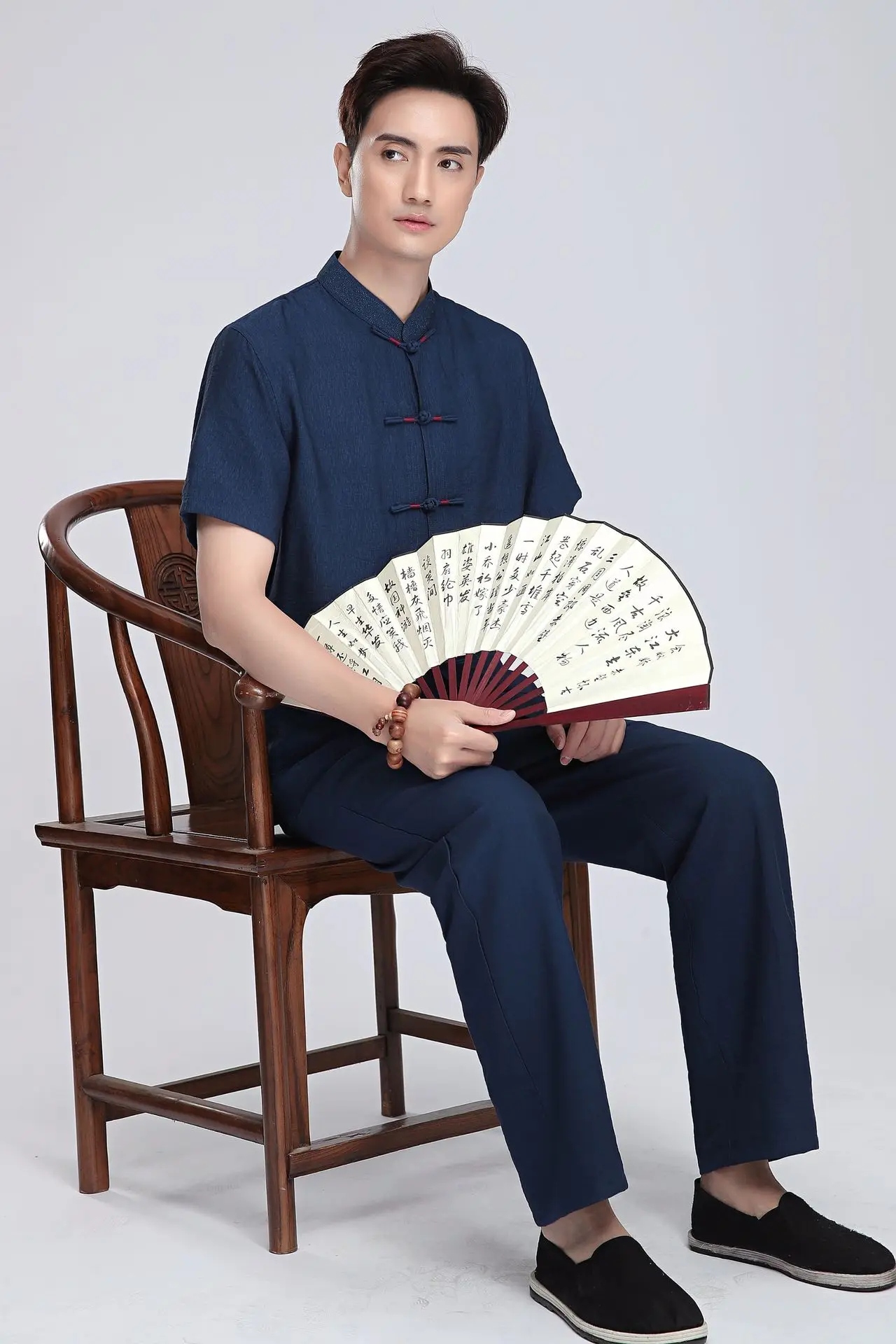 Китайский стиль, китайский стиль, лен, 2816-1, китайский костюм, мужские топы с короткими рукавами, рубашка с короткими рукавами для среднего возраста/комплект