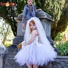 Vintage Dead Bride Girls Tutu Dress with Veil Children Corpse Lady Halloween Carnival Cosplay Costume Kids Fancy Tulle Dress