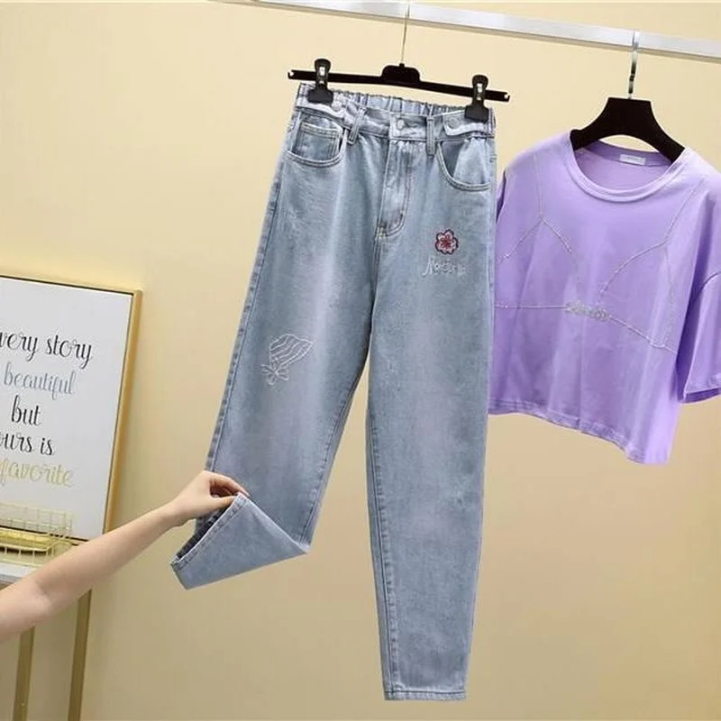 

2021 Spring and Autumn New Korean Elastic Waist Embroidered Harlan Daddy Pants High Waist Thin Nine Jeans Women Cargo