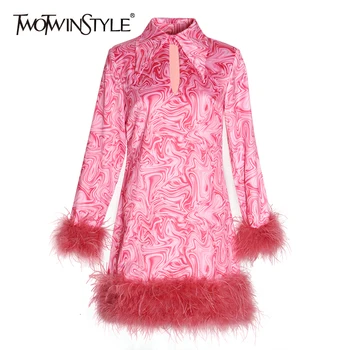 

TWOTWINSTYLE Print Patchwork Feathers Women's Dress Lapel Collar Long Sleeve Tassel Mini Dresses Female 2020 Autumn Fashion New