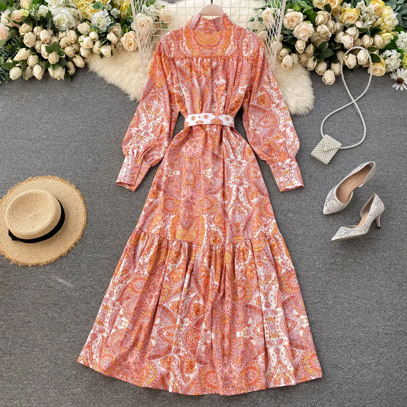Lady Elegant Stand Collar Slim Court Vintage Printed Ruffles Dress Women Long Sleeve High Waist A-Line Beach Vestidos H887