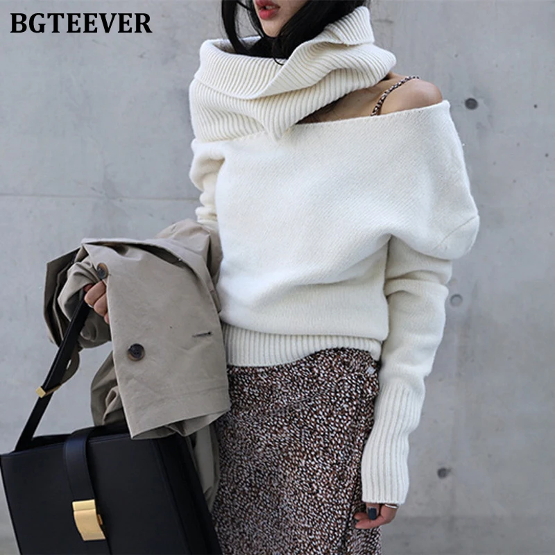 BGTEEVER, зимний женский свитер с высоким воротом, Модный женский вязаный пуловер с вырезом, Женский вязаный джемпер, топы для женщин