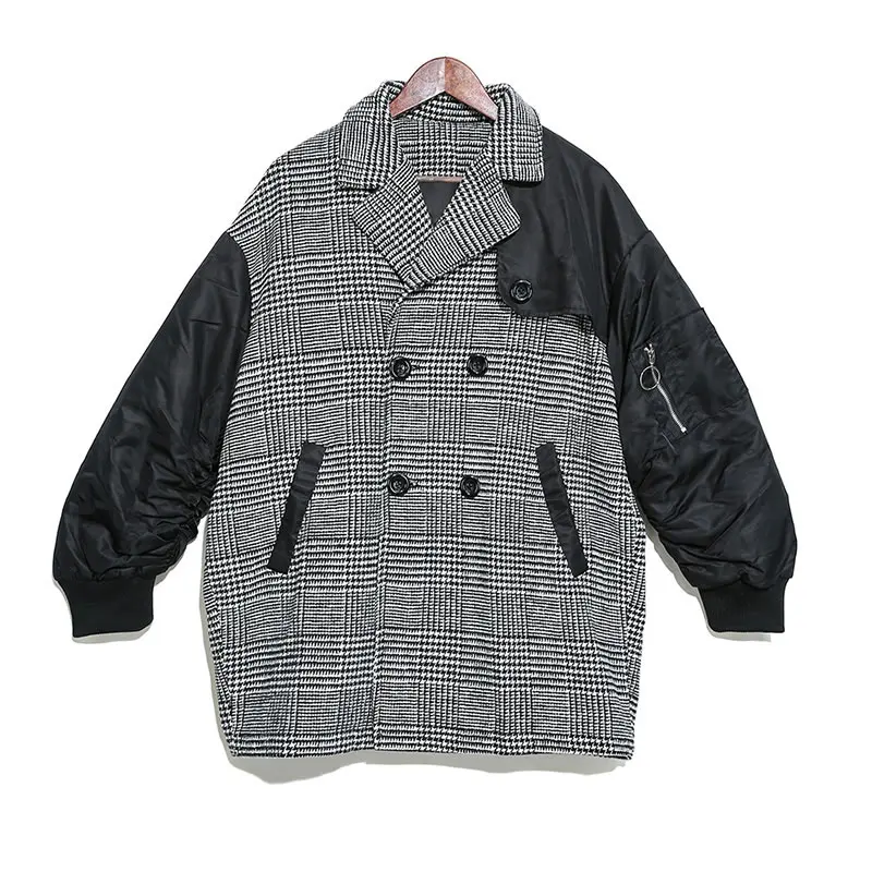 XITAO Winter Patchwork Plaid Pocket Jacket Women Clothes Fashion Plus Size Tide Turn Down Collar Match All Coat Top ZLL4402