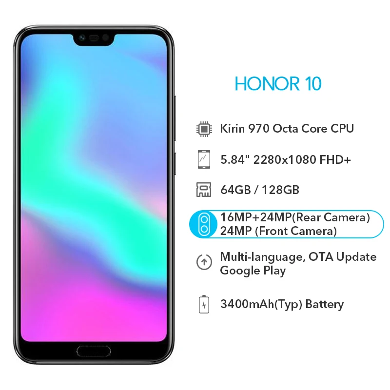 Google Play Honor 10 64 ГБ/128 ГБ NFC Смартфон Kirin 970 Octa Core 5 84 &quotполный экран 24 МП Двойная