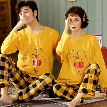 

BZEL Couple Plaid Pajama Set Loose Cotton Nightwear Cartoon Pattern Pijama Mujer Cute Casual Home Suit Sweet Sleepwear For Women
