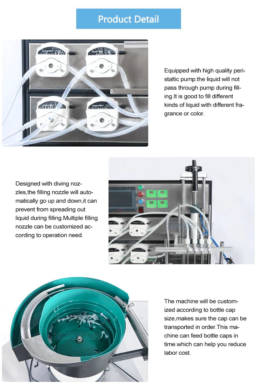 ZONESUN ZS-FAL180R7 Nail Polish Bottle Filling Cap Pressing Machine And Capping Machine Line With Cap Vibratory Feeder