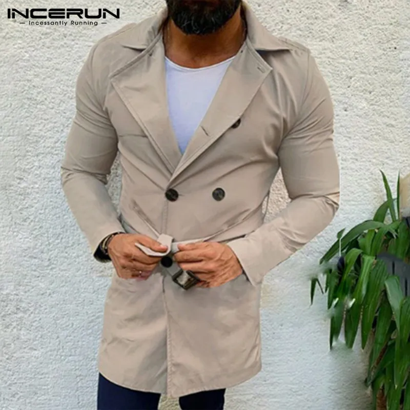 INCERUN Модный классический мужской Тренч двубортный однотонный лацкан длинные пальто с длинным рукавом британский стиль пара пиджаки куртки