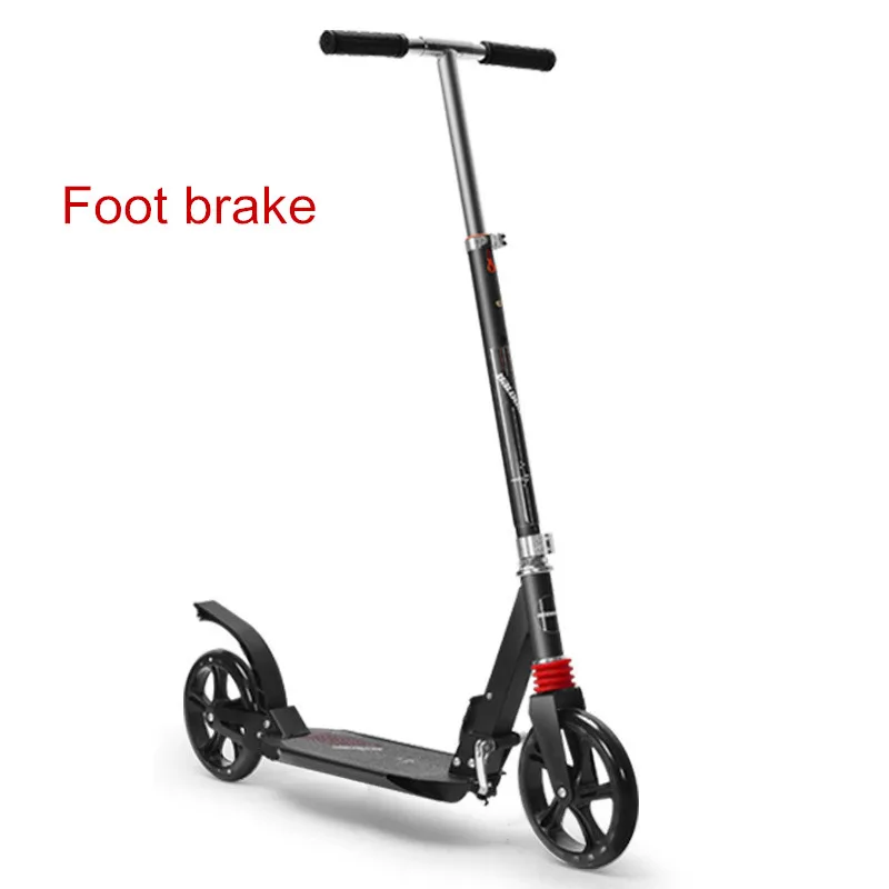 foot brake black Двухколесный складной скутер для взрослых детей портативный ножной скутер регулируемый по высоте алюминий сплавный диск тормоза PU колеса - Цвет: foot brake black