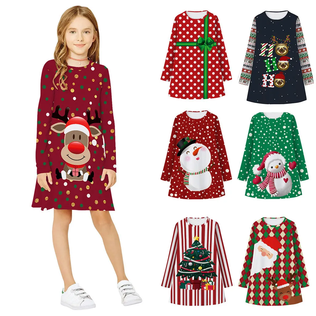 Платье для маленьких девочек; рождественское платье для девочек-подростков; рождественское платье с длинными рукавами и объемным принтом; одежда для детей; vestido
