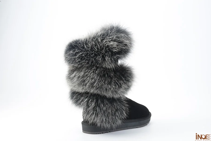 INOE/Роскошные модные женские зимние сапоги из мягкой лисьего меха; зимняя обувь из овечьей замши с меховой подкладкой; Цвет черный, серый