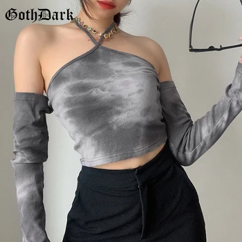 

Goth Dark Gothic Fashion Tie Dye Print Women Halter T-shirts E-girl Sexy Hollow Out Long Sleeve Crop Tops Backless Streetwear