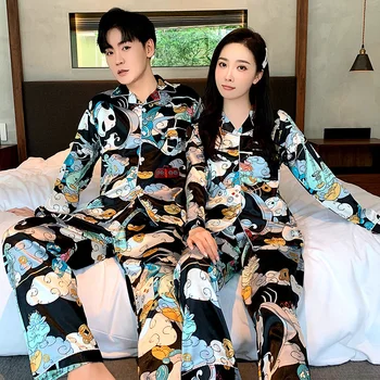 

Faux Silk Satin Pajamas Set Women Men 2 Pieces Couples Spring Summer Long Sleeve Sleepwear Pajamas Set Female Pyjama