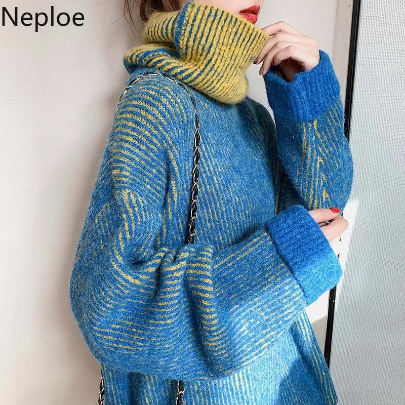 Neploe Loose Crazy Style Thick Turtleneck Pullover Sweater Women Fashion Patchwork Contrast Color Pull Femme 2020 Winter Clothes | Женская