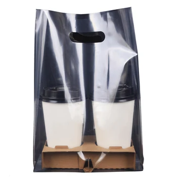 

50pcs Coffee Drinks Beverage Packaging With 2 Cup Holders Snacks Non Toxic Strong Bearing PE Transparent Milk Tea Takeout Bag