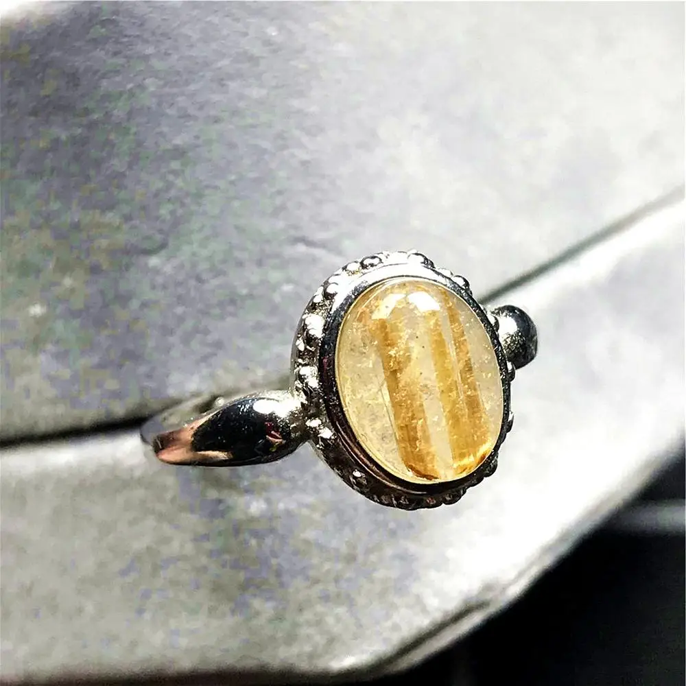 

Top Natural Gold Rutilated Ring Jewelry For Woman Lady Man Quartz Clear Crystal 9x7mm Beads Silver Adjustable Size Ring AAAAA