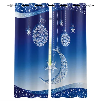 

Christmas Card Blue Moon Stars Snowflakes Window Curtains Living Room Curtain Home Decor