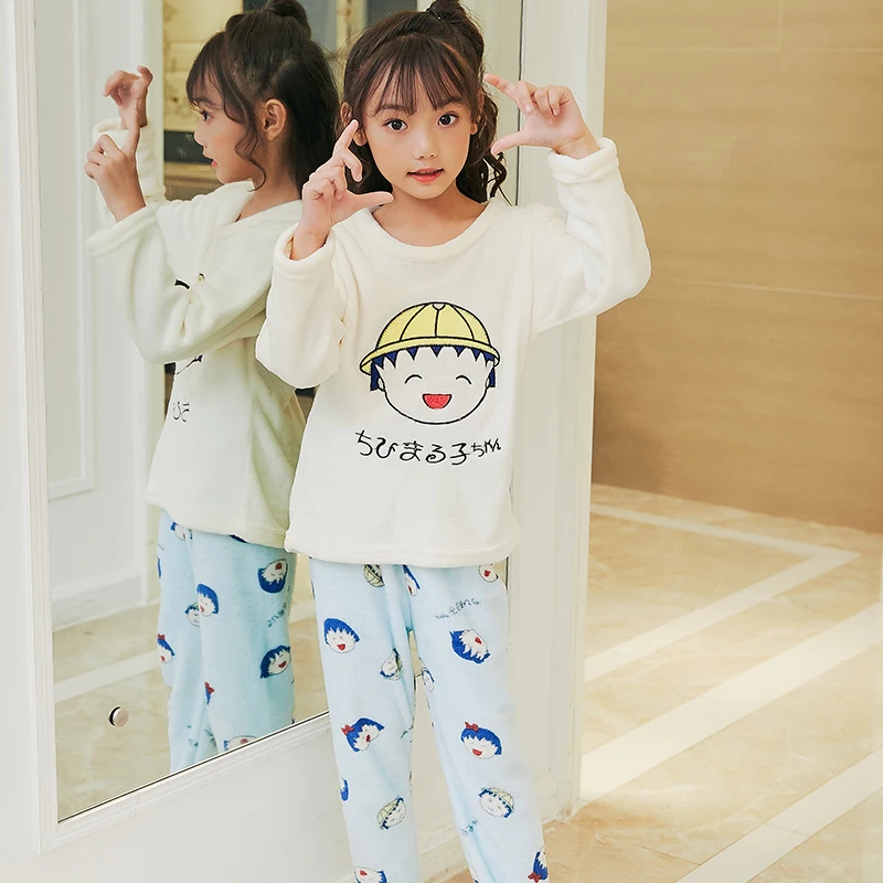 R B wan zi Winter Children Warm Pajamas Thicken Flannel Sleepwear Girls Loungewear Cartoon Coral Fleece Kids Pijamas Suit Casual Homewear - Цвет: R B wan zi