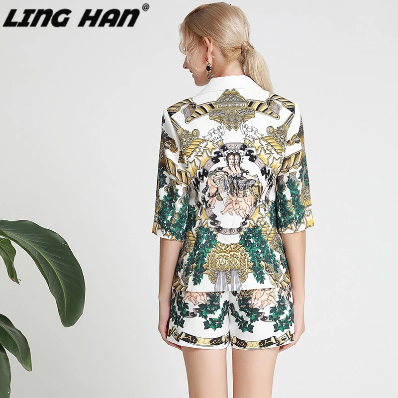 LING HAN модный дизайнерский костюм с принтом ангела топы+ шорты комплект из двух предметов осень новые женские