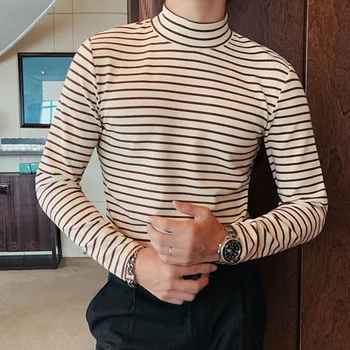 

Vintage T Shirts Men Autumn Half-high Collar Khaki Striped Thick T-shirt Casual Double-sided Velvet Long Sleeve Base Tee Top