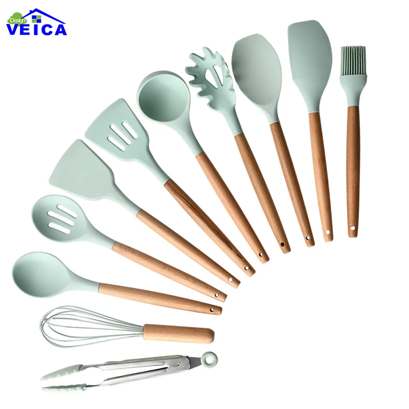 

3Color Silicone Kitchen Tools Cooking Sets Soup Spoon Spatula Non-stick Shovel with Wooden Handle Special Heat-resistant Design