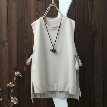 

Spring O Neck Pullover Sleeveless Knitted Vest Women Plus Size Side Bandage Thin Hollow Out Loose Side Split Waistcoat