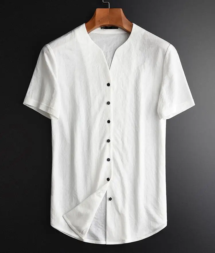 

V-neck Men Luxury Chinese Style Short Sleeve Summer Man Plus Size 4xl New Slim Fit Casual Mens Dress Shirt