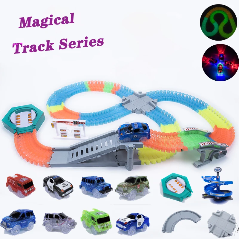 En oferta Juego de pista de carreras de ferrocarril mágico para niños, juguete educativo creativo, Flexible, con luz Flash electrónica 76o56Dxa