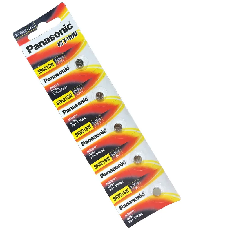 5 шт./лот Panasonic 364 1,55 V SR621SW AG1 364 164 D364 L621 оксида серебра часы Батарея 6,8*2,1 мм батарея монетного типа для часов