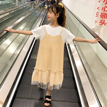 

YourSeason 2020 Summer Girls Plaid Korean Style Patchwork Casual Dresses Kids Mesh Princess Children Girl Fake Two Piece Dresses