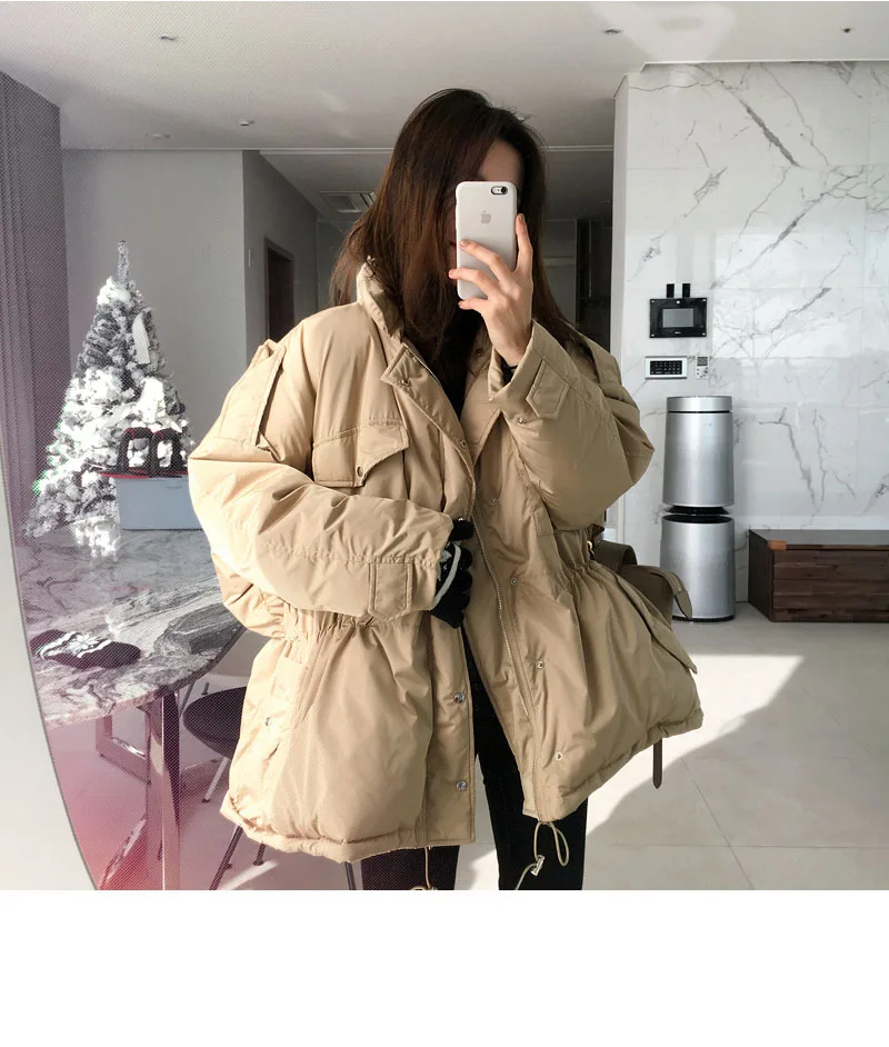 Корейское Женское зимнее плотное однотонное хлопковое пальто с завязками, приталенное пальто, куртка на молнии, верхняя одежда с карманами