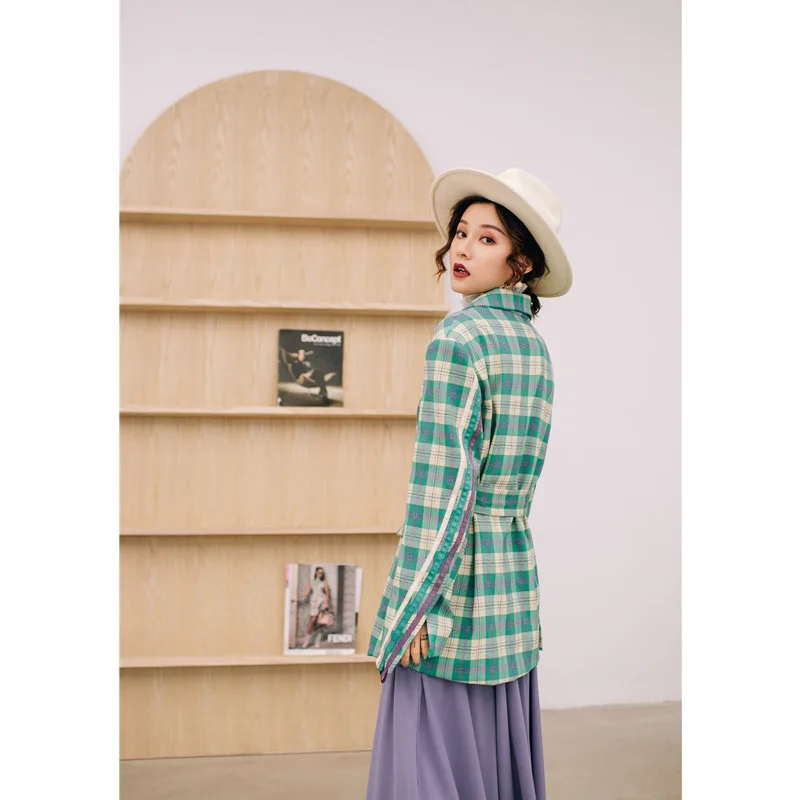 

Online Celebrity Style Suit Jacket Women's Mid-length 2019 Spring And Autumn New Style Elder Brother Profile West Plaid Bandage