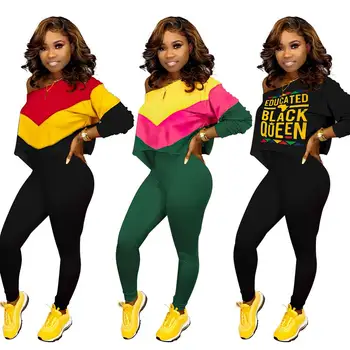 

fashion new patchwork women set pullovers tops and skinny pants two piece outfit suit sportwear tracksuit