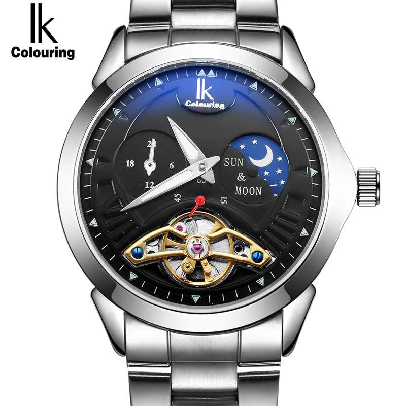 

IK colouring Moon Phase Function Lxuury Watch Men 24 hours Full Steel Band Gold Skeleton Automatic Mechanical Watches relogio