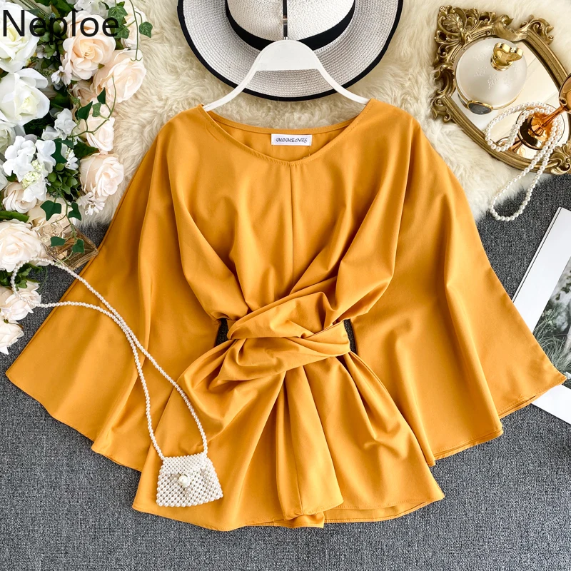 Neploe Ins, тонкая приталенная блузка на шнуровке с круглым вырезом и расклешенным длинным рукавом, одноцветная блуза, осень-весна, приталенный пуловер, Пляжная рубашка