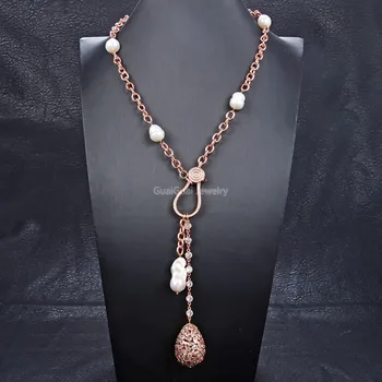 

GuaiGuai Jewelry 22'' Cultured White Rice Pearl CZ Rose Gold chain Necklace Keshi Pearl Cz Teardrop Pendant