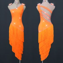 Новые латинские танцевальные оранжевые платья с бахромой на заказ, танцевальные платья с кисточками, вечерние платья, наряд для выступлений, костюмы для латинских танцев BL2559