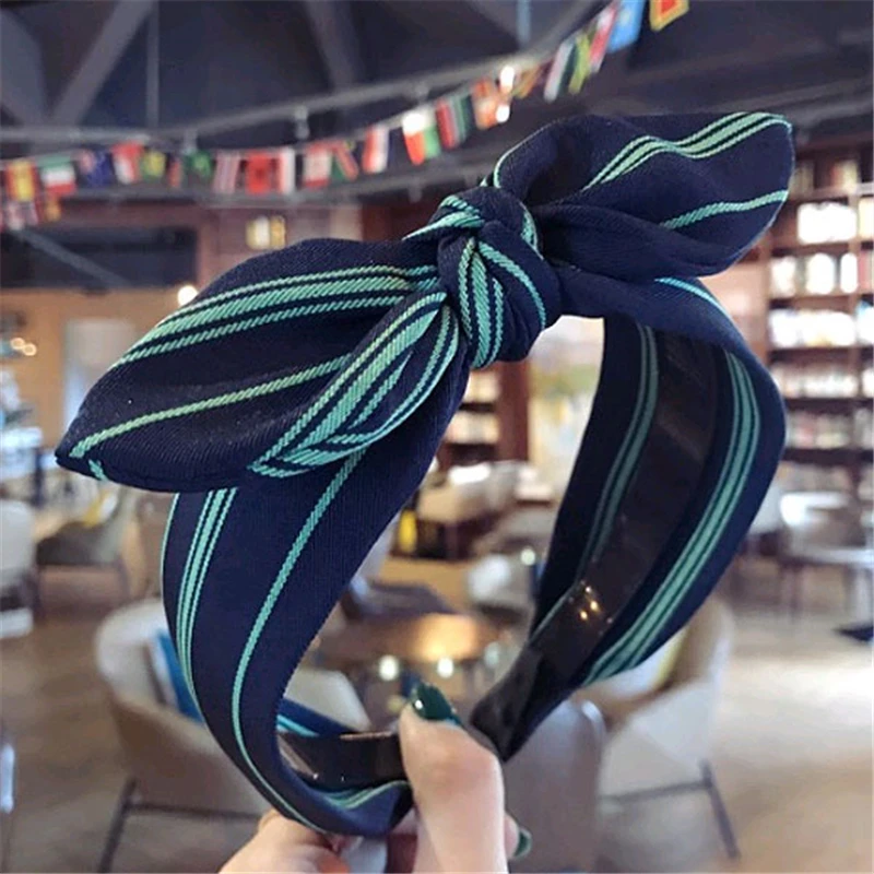New Korean Simple Classic Striped Cloth Bow Headwear Hair Ornament Female Wide Side Rabbit Earsheadbands Lady Accessories |